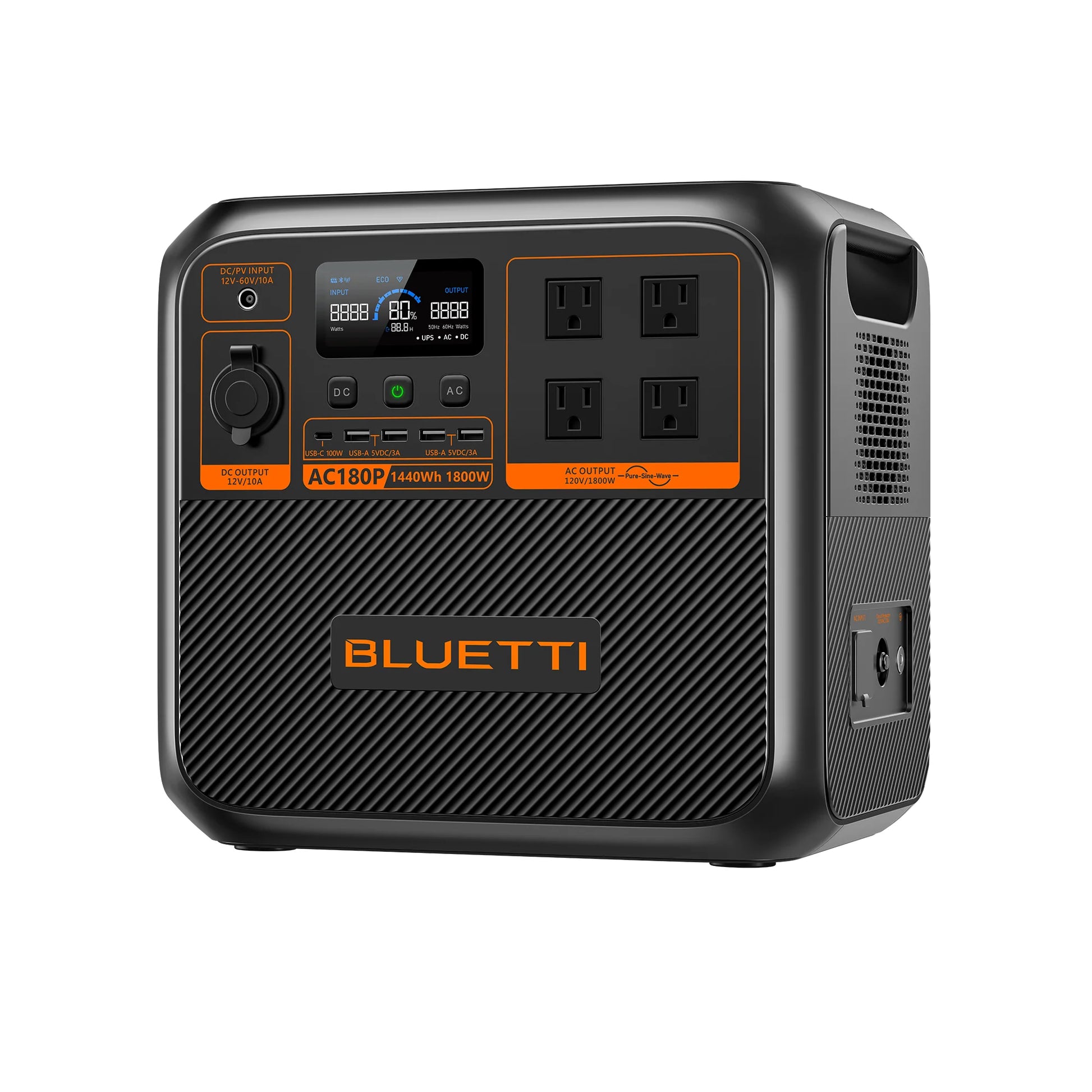 Powerful Bluetti AC180P with 1,800W output, 11 ports, and 4 recharging options for versatile energy needs.